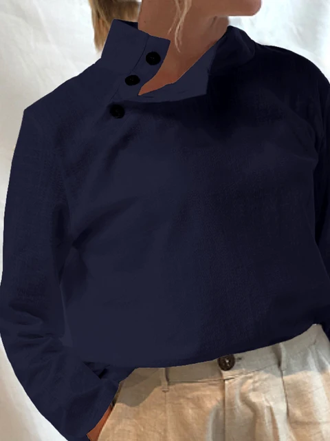 Celmia Women Short Sleeve Blusas 2022 Summer Cotton Linen Shirts Fashion Oversized Blouses Casual Loose Camisas Solid Tunic Tops Navy (Long Sleeve)
