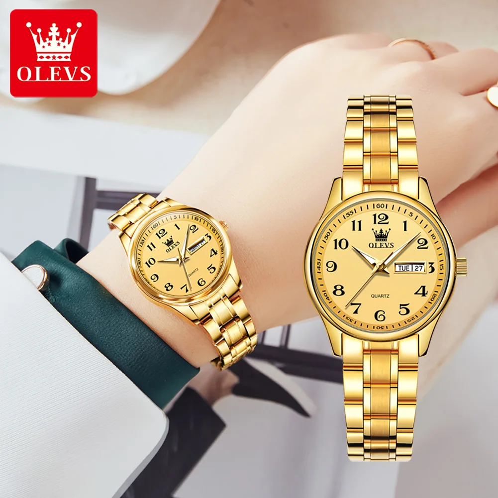 OLEVS Brand Luxury Gold Quartz Watch for Womens Stainless Steel Waterproof Week Date Elegant Women Dress Watch Reloj Hombre