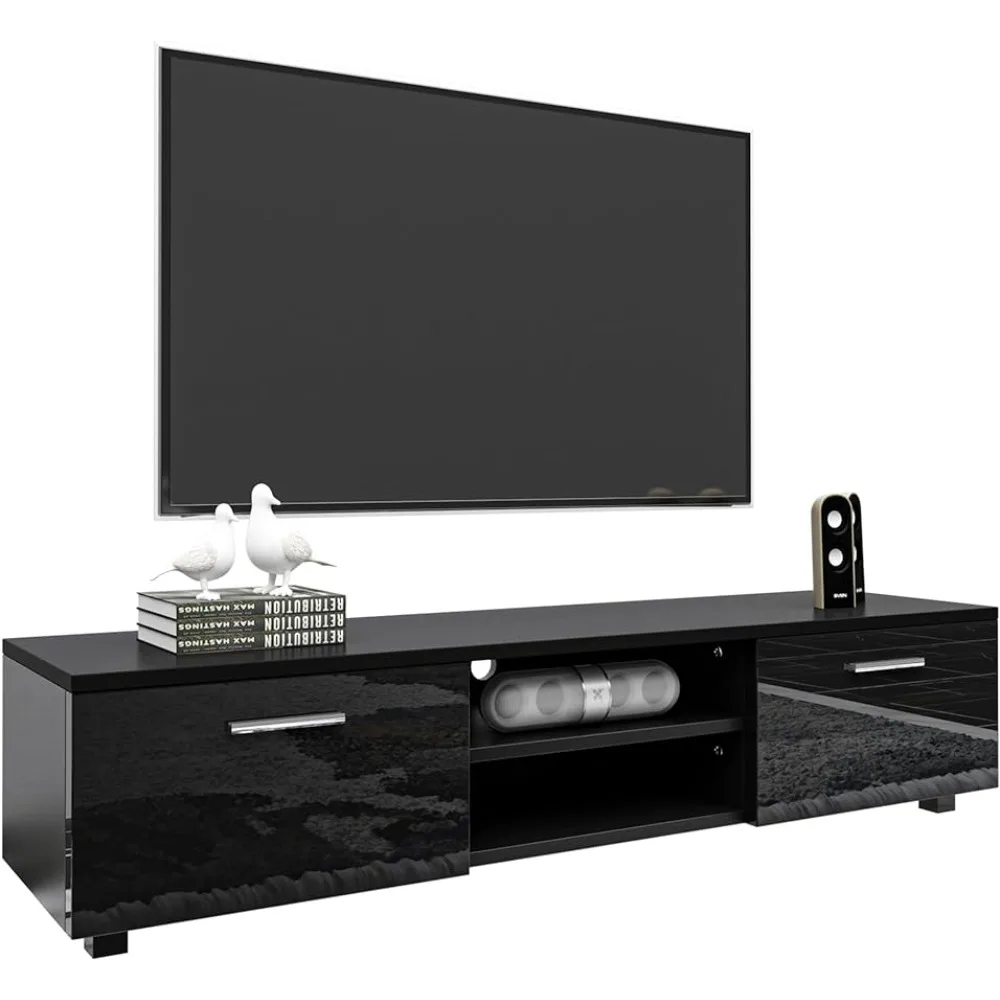 

WERSMT Wood TV Stand, Modern 70 inch TV Stand, Entertainment Center with Storage, High Gloss TV Cabinet for Living Room, Black