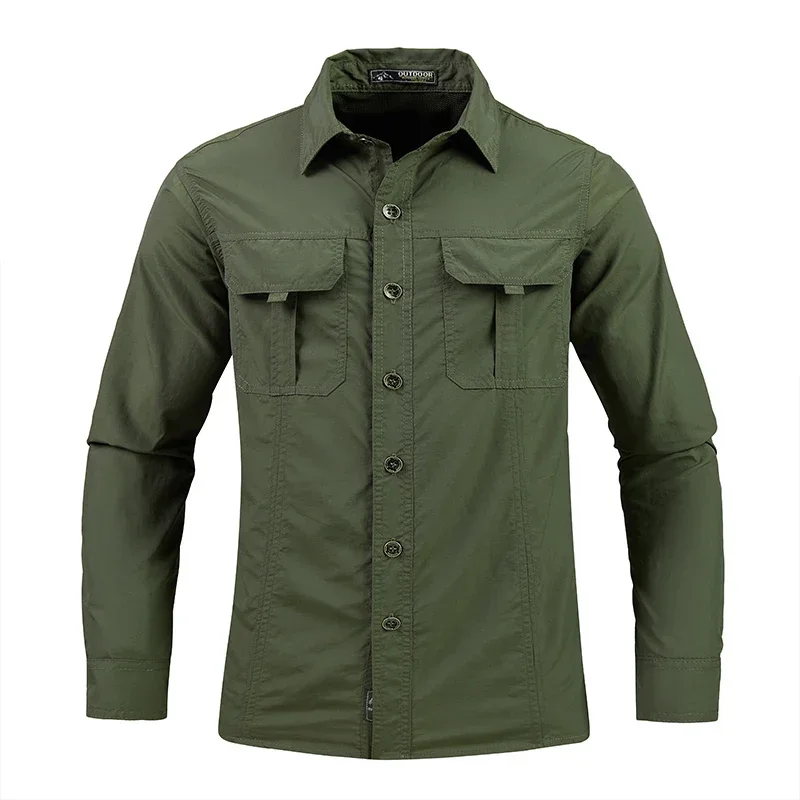 Lightweight long-sleeve tactical shirt displayed on model outdoors, highlighting breathable fabric and sun-protection features dark green