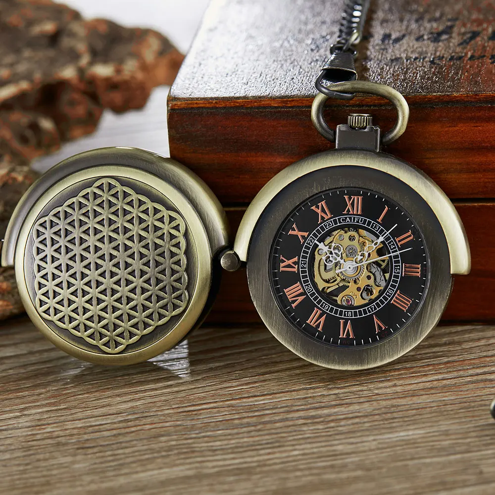 Antique Retro Hollow Cover Double Turntable Capping Hand-Winding Mechanical Pocket Fob Watch Men Steampunk Bronze Chain