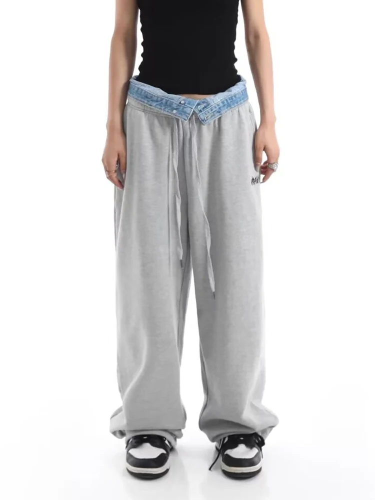 HOUZHOU Hip Hop Grey Sweatpants Women Sports Pants Button Jean Elastic Waist Pants Loose Trousers Y2K Casual Sportwear Joggers