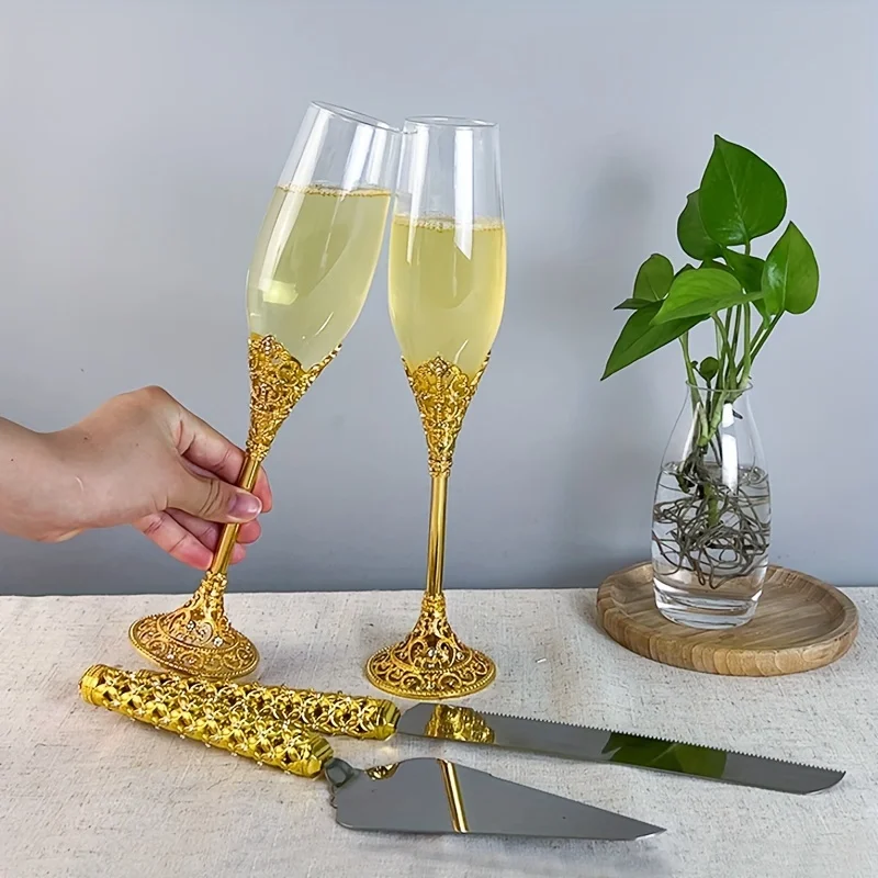 4Pcs Golden Wedding Cake Knife Glasses Server Set Crystal Rhinestone Champagne Flutes Toasting Glasses Perfect for Wedding Gifts