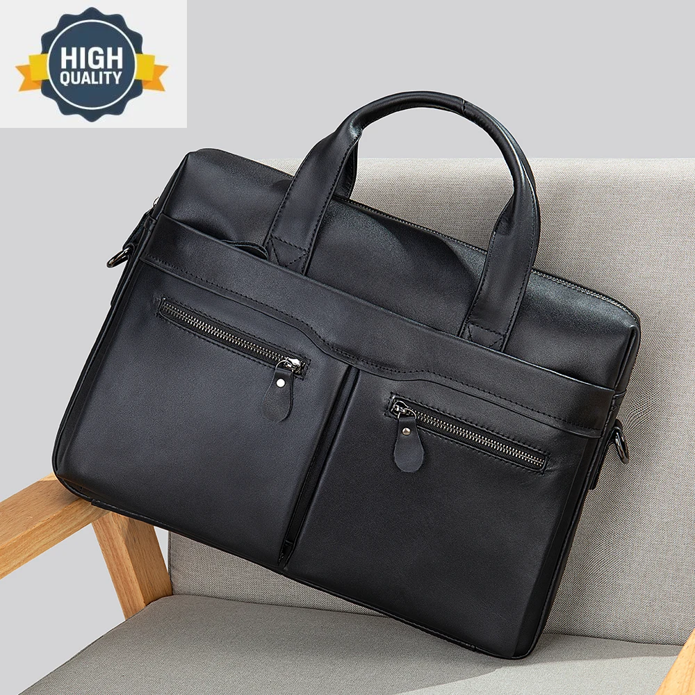 

Men Genuine Briefcase Leather Laptop Bag 14" Lawyer Computer For Cowhide Male Tote Handbags Documents