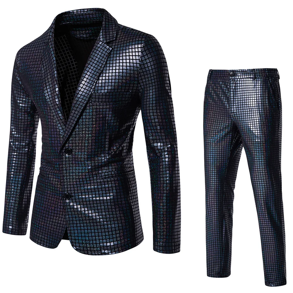 Men's Sequin Hot Stamping Suit Disco Cosplay Party Stage Nightclub Shiny and Cool Performance Suit Set SizeS-3XL Fashionable