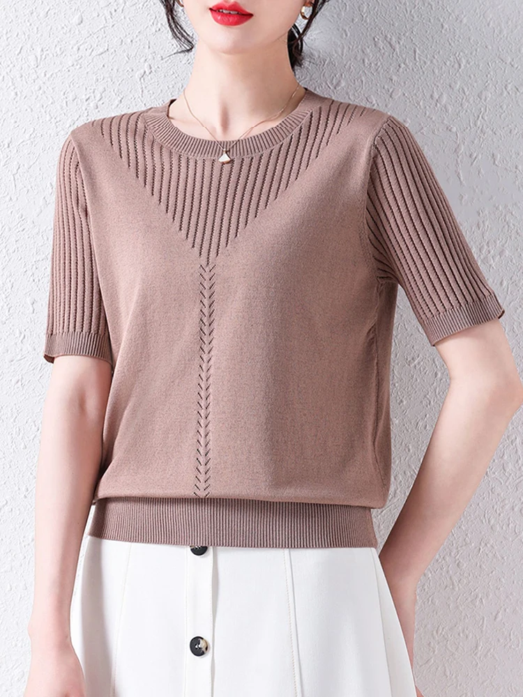 الصيف الجوف التدريجي المرأة متماسكة تيز قميص س الرقبة كنزة صوفية من القطن بلايز قصيرة الأكمام تي شيرت محبوك لاعبا قاعدة سترة 2025