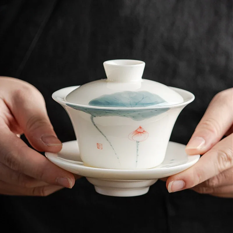 120/140ml Hand-painted Goat Fat Jade White Porcelain Gaiwan Household Ceramic Tea Infuser Traditional with Cover Teacup