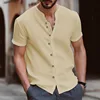 New Style Men's Shirt Summer Fashion Trend Stand-Up Collar Cotton Hemp Button Casual Slim Short Sleeve Top 4