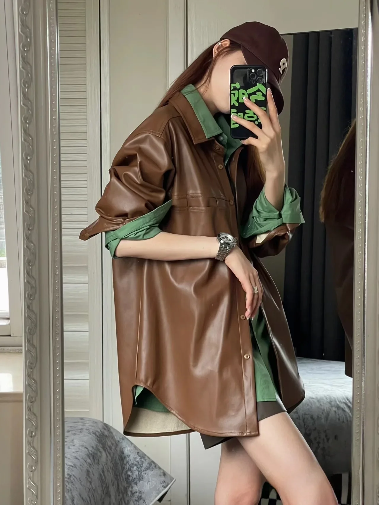 Korean Fashion PU Jacket Long Sleeves Long Cut Shinny Faux Leather Girls Winter Fall Coat Loose