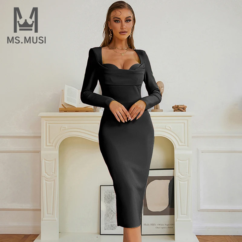 

MSMUSI 2023 Newest Fashion Designer Women Sexy V Neck Long Sleeve Fold Bandage Party Club Bodycon Event Slim Slit Midi Dress