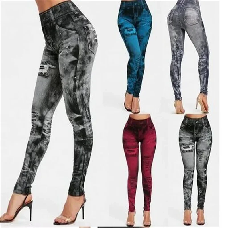 Stretch Well Fitness Fake Pockets High Waist Leggings Faux Denim Jeans Sexy Elastic Jeggings Soft Casual Thin Pencil Pants fashion jumpsuits woman 2023 summer denim bodysuits skinny sexy front open turn down collar pockets buttons jeans shorts rompers