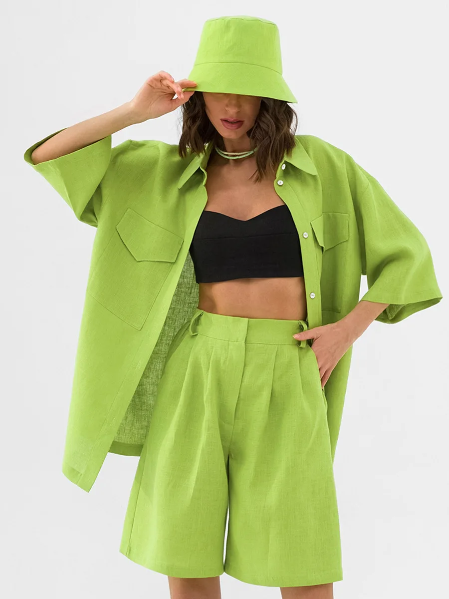 

Summer Linen Shorts Sets Women Two Pieces Fashion Brown Lapel Shoulder Short Sleeve Pockets Loose Blouses Vacation Shorts Suits