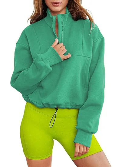 Autumn and Winter New Women's Explosions Stand Collar and Half Zipper Hem Drawstring Leisure Plus Velvet Sweater.