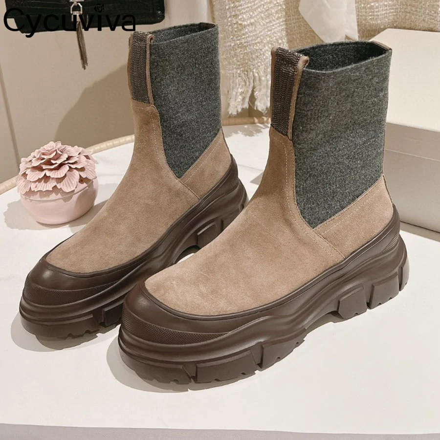 

Hot Sales Thick Sole Platform Chelsea Boots Women Suede Leather Mid Calf Short Boots Winter Casual Party Designer Ankle Boots