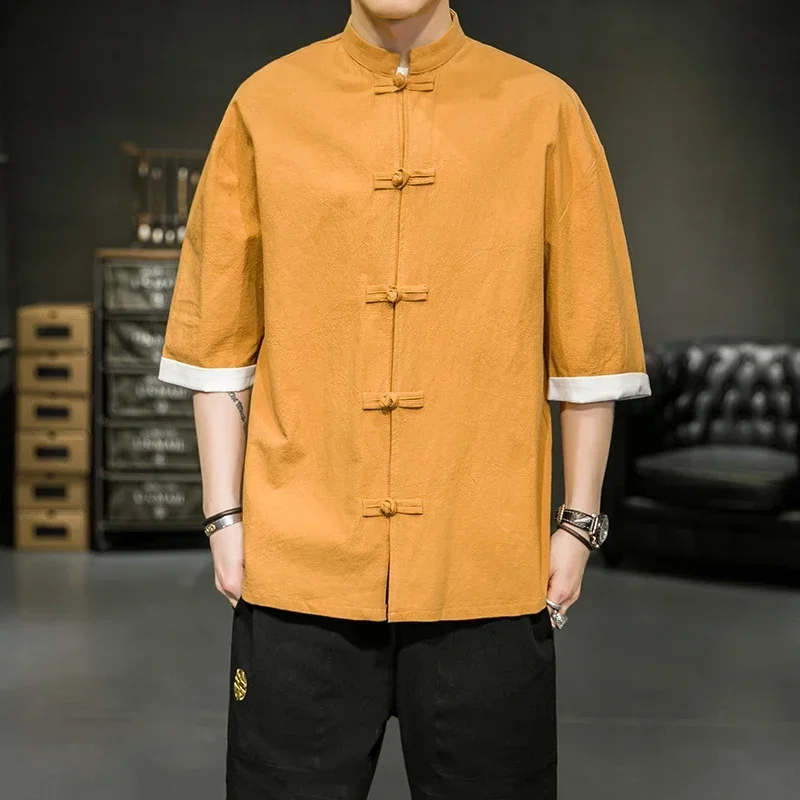 Yukata-Kimono de estilo japonés para mujer, camisa china en línea con cuello levantado, ropa samurái, camiseta Hanbok con bloqueo de color, abrigo de verano