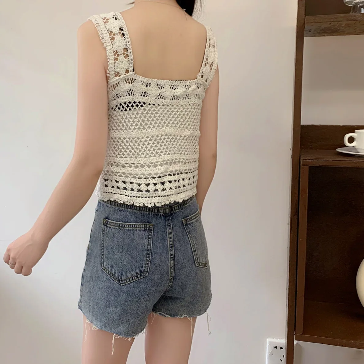 New Summer Korean Style Hollow Out Hook Fringed Design Sensibility Outerwear Sleeveless Shoulder Vest Beautiful Back Top