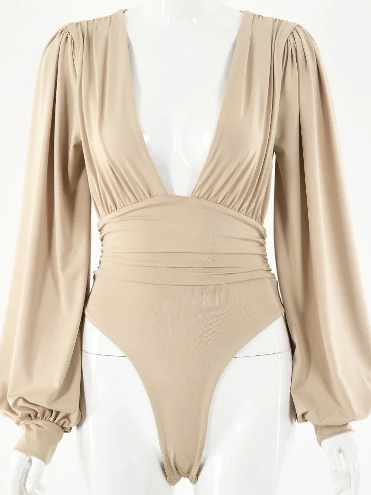 Europe and the United States fashion blouse women sexy long sleeve deep V waist fold temperament onesie woman