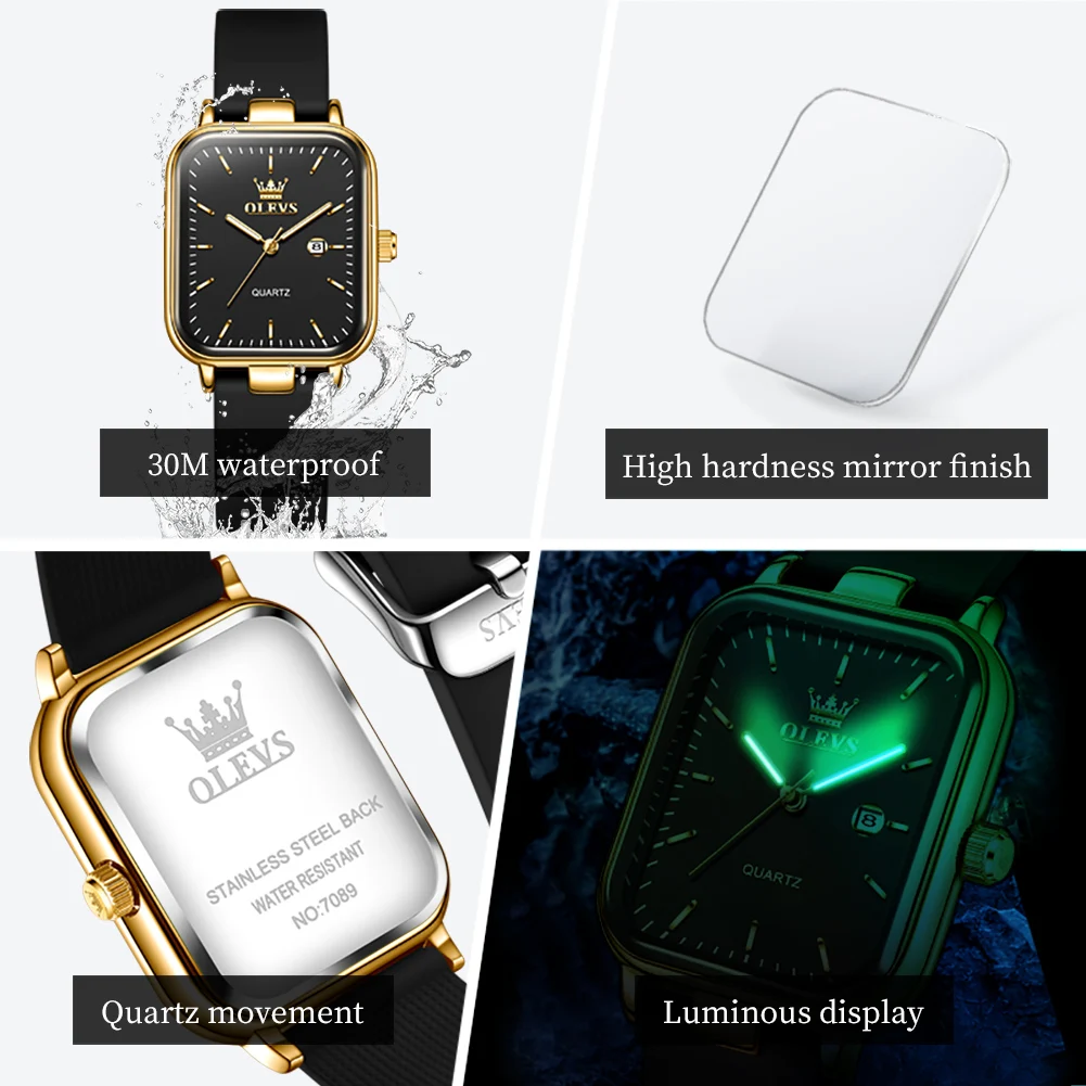 OLEVS 7089 Women's Quartz Watch Fashion Silicone Strap Square Watches For Woman  30M Waterproof Original Ladies Dress Wristwatch