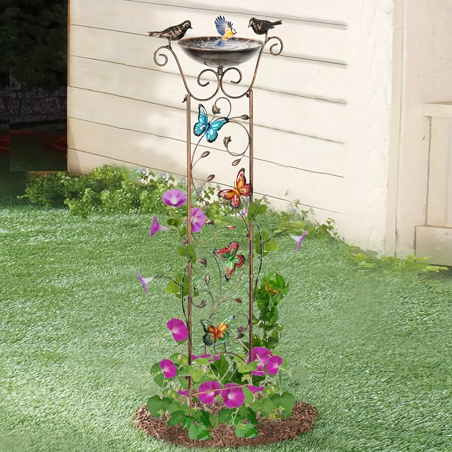 40in Bird Bath for Climbing Plants Outdoor with Garden Trellis with Decorative Butterflies Free Standing Detachable