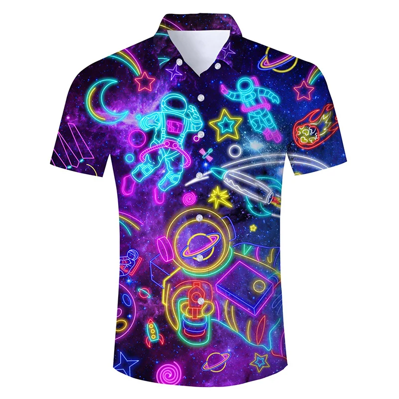 Camisa hawaiana con estampado de bandera estadounidense de fútbol para hombre, camisas hawaianas con estampado 3D de gato astronauta, blusas casuales con solapa, blusas de manga corta