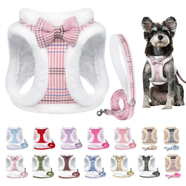 Winter Warm Pet Dog Harness Leash Set Soft Fur Padded Puppy Cat Harness Vest Thick Dogs Vest For Small Medium Dogs Chihuahua Pug