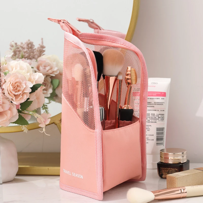 Stand Cosmetic Bag for Women Clear Zipper Makeup Bag Travel Female Makeup Brush Holder Organizer Toiletry Bag  cosmetic bag