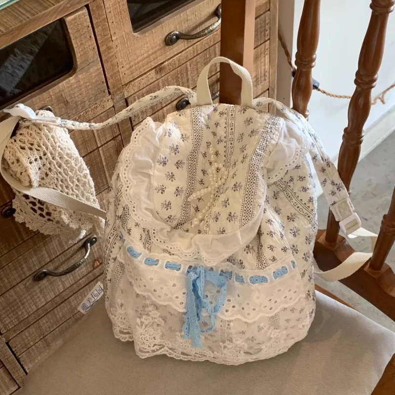 MBTI Cute Womens Backpack Elegant Lace Floral Patchwork Fashion Pleated Aesthetic Backpacks Bow Female Sweet Kawaii Female Bag 3