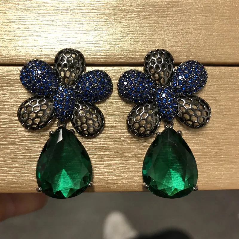 

Bilincolor Green Crystal Cubic Zirconia Flower Golden Cute Earring for Women