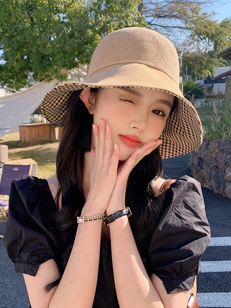 New Fashion Summer Women Sun Hat Mujer Panama Vintage Pied De Poule Lady Bucket Cap Bonnet Protezione Solare Beach Fisherman Hats Capello