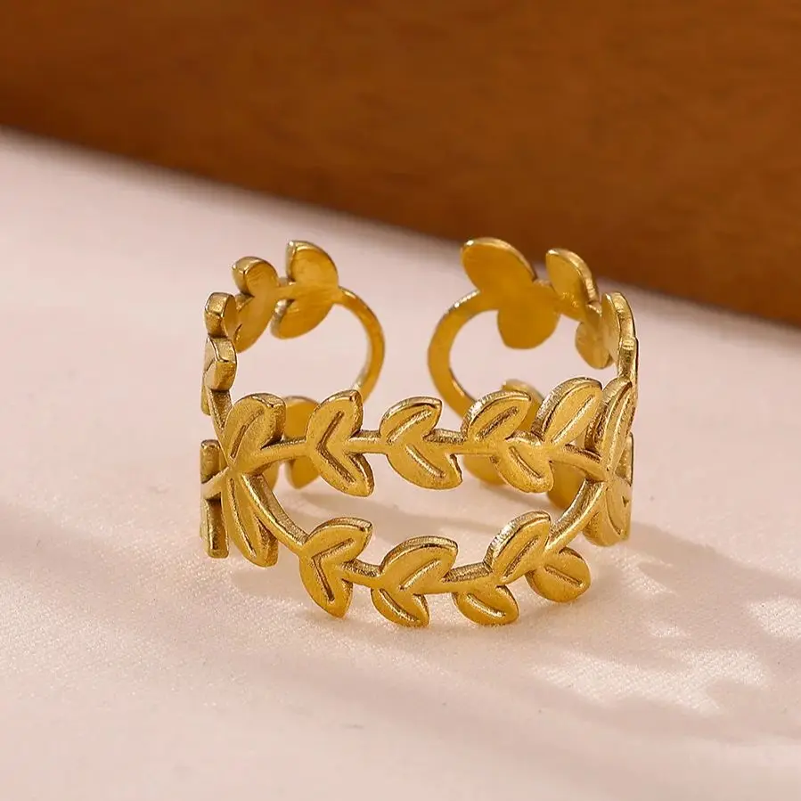 Leaf Rings Stainless Steel Geometric Adjustable for Women Wedding Jewelry Gift