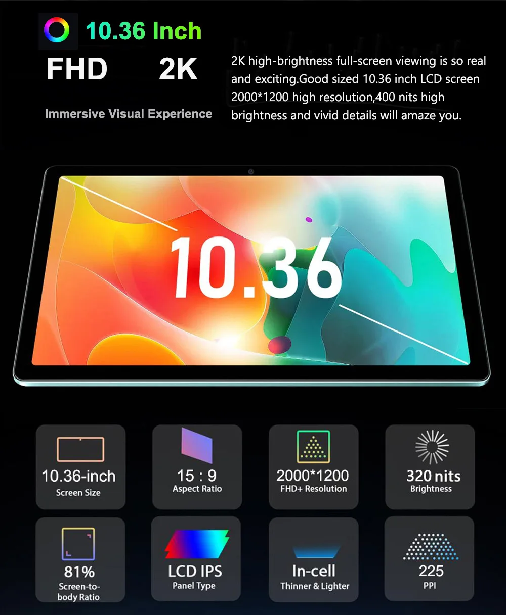 글로벌 버전 Tab10 듀얼 4G 태블릿, 10.36 인치, 2K FHD, 안드로이드 12, 8GB + 256GB ROM, 2 in 1 태블릿 노트북, SIM 카드, MTK Helio G85