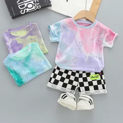 Children's clothing  new dressing rainbow gradient color T-shirt children's short-sleeved cotton baby plaid shorts two-piece set