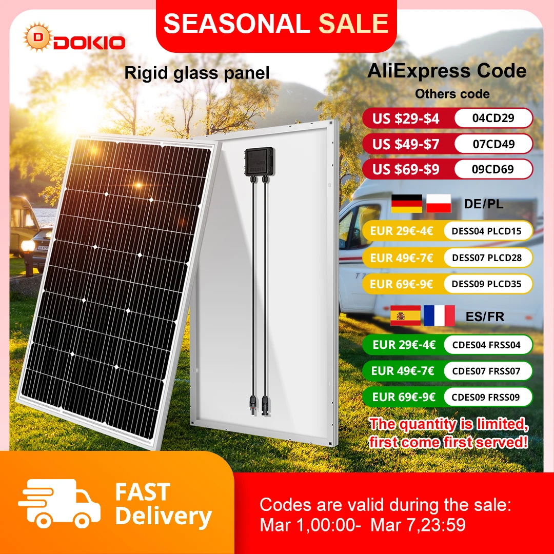 DOKIO 18V 100W–200W Rigid Solar Panel (#DSP-100M / DSP-100MX2) 1