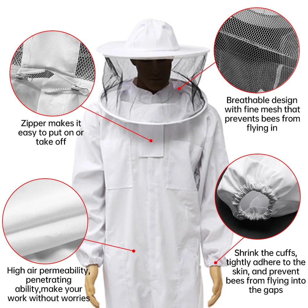 Full Body Bee Protective Suit Breathable Fabric Hooded Clothing Veil Hat With Zipper Beekeeping Firm Fit Beekeeping Equipment