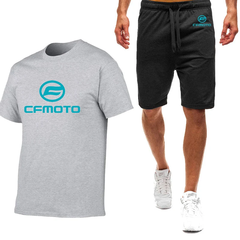 2023 New Summer Cfmoto Logo Print Men's Popular Solid Color Short Sleeved Tops+Casual Comfortable Cotton Sweatpants Classic Sets