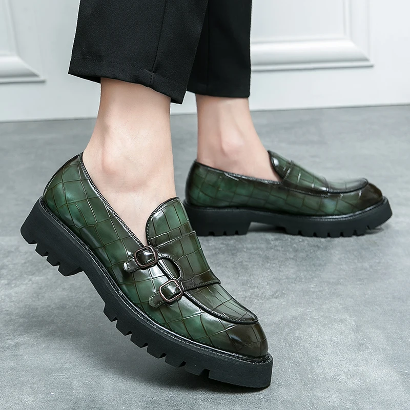 Leather Shoes English Style Double Button Loafers Mens Fashion Handmade Thick Bottom Loafers Man Party Wedding Shoes Spring Soft Moccasins