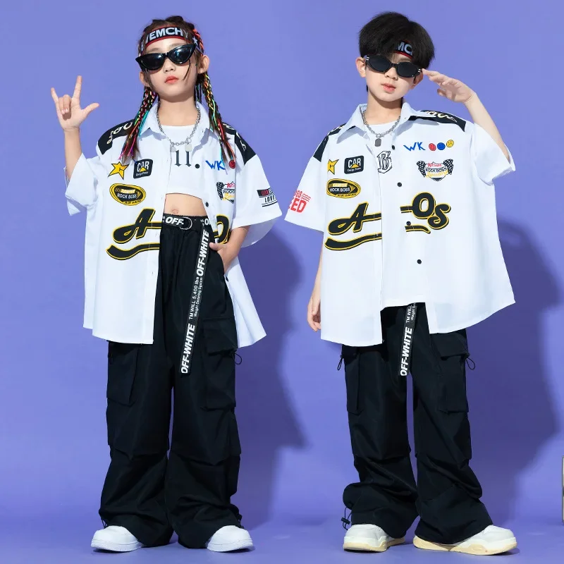 

Kids Hip Hop Jazz Clothes Sets Short Sleeve Letter Shirt + Cargo Pants Teen Boys Street Dance Costumes Girls Performance Suit