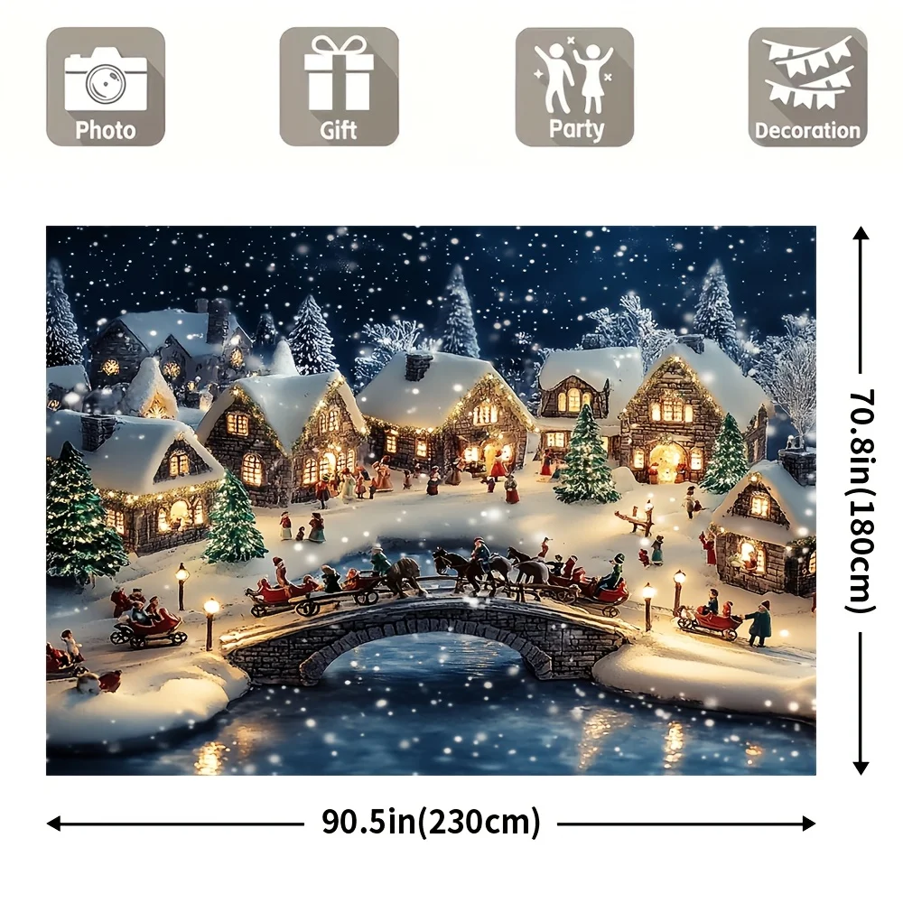 Ein riesiges Winterdorf-Weihnachtsbanner – verschneite Nachtszene, leuchtende Häuser, Schlitten und Schneemänner – Weihnachts-Hintergrundtuch – Detail 8