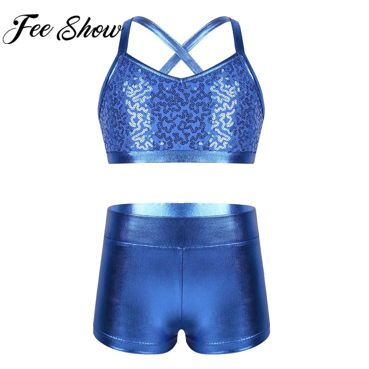 

Summer Girls Street Jazz Dance Outfits Shiny Sequin Vest Tank Top with Bottoms Set Ballet Dancewear Gym Workout Sportswear 6-14Y