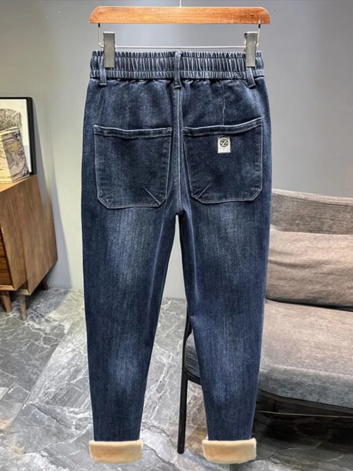 Men's Casual Elastic Waist Fce Lined Straight Leg Jeans Premium Denim Winter Warm Trendy Youth Long Trousers