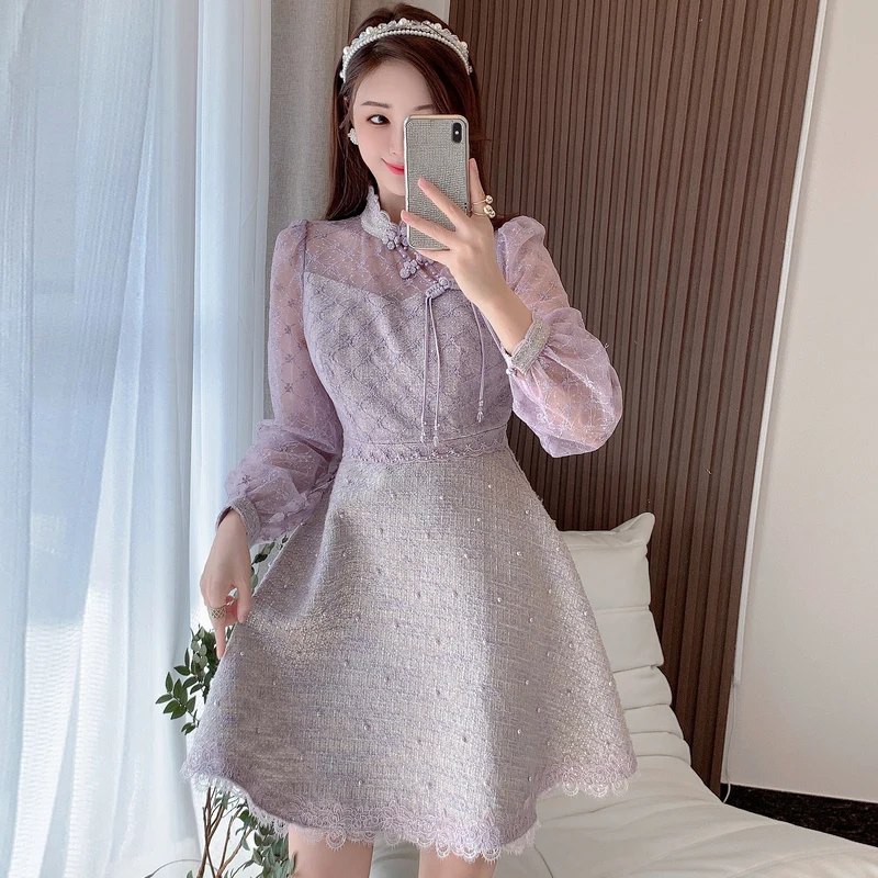 

2023 Autumn Winter New Vintage Lace Sexy Mini Short Dresses Women Elegant A-Line Casual Party Long Sleeve Runway Vestidos