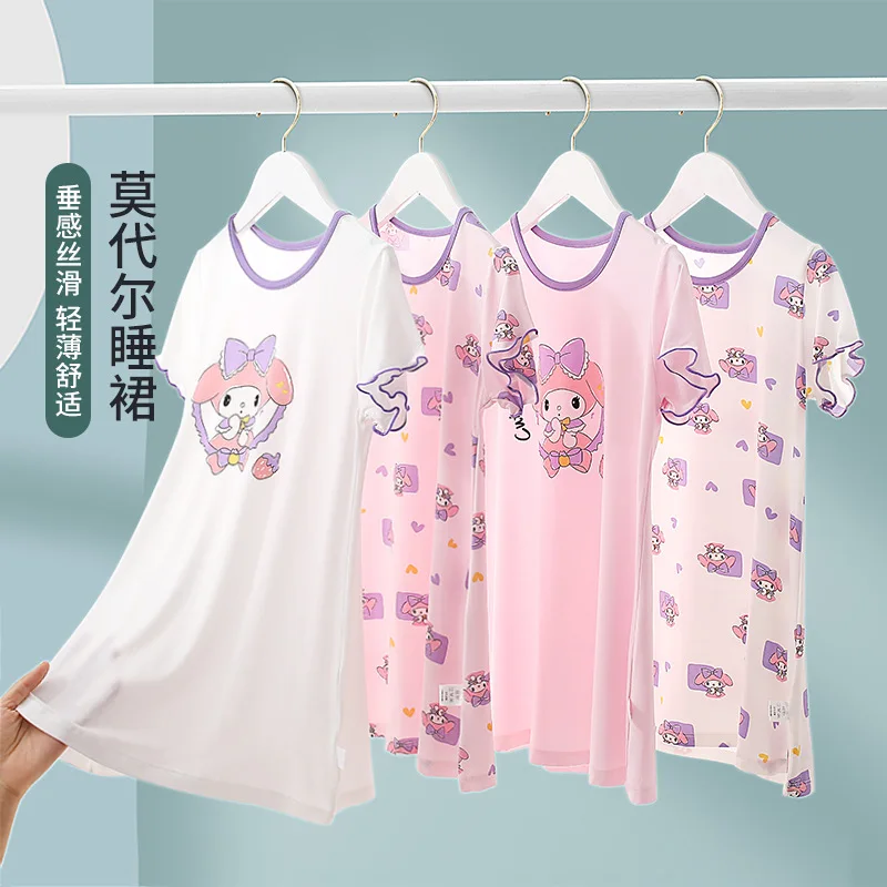 

Sanrios My Melody Kids Nightdress Summer Thin Modal Lounge Wear Anime Loose Casual Pajamas Cute Girl Nightgown Cartoon Sleepwear