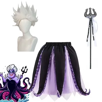 Costume da Ursula per festa di carnevale di Halloween, gonna nera viola, parrucca, costume da strega di mare, tentacolo di polpo, vestito da tutu per le donne