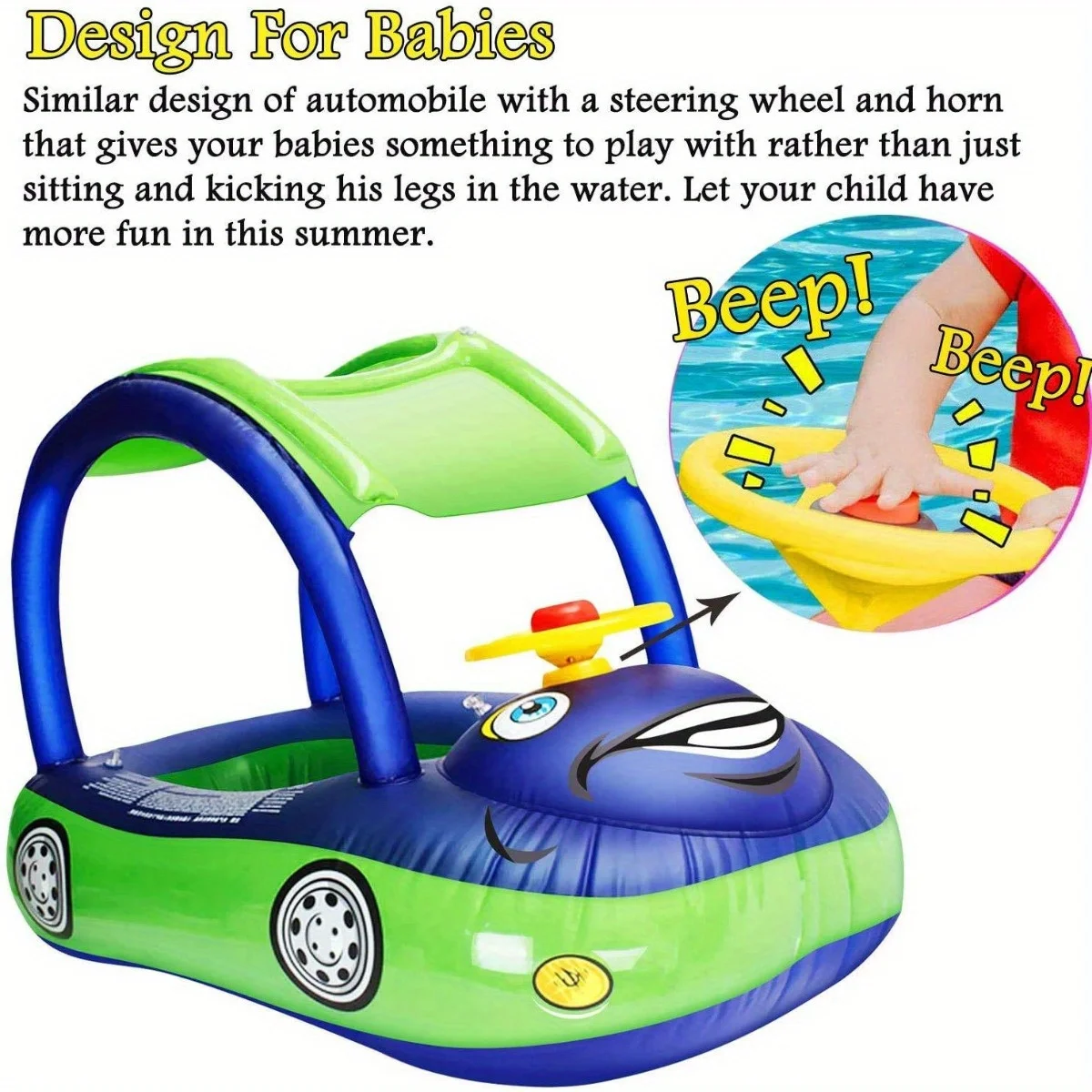 Sunshade Car Boat Sunscreen Seat Baby Swimming Ring with Sunshade Car Tappet with Horn Yacht copy