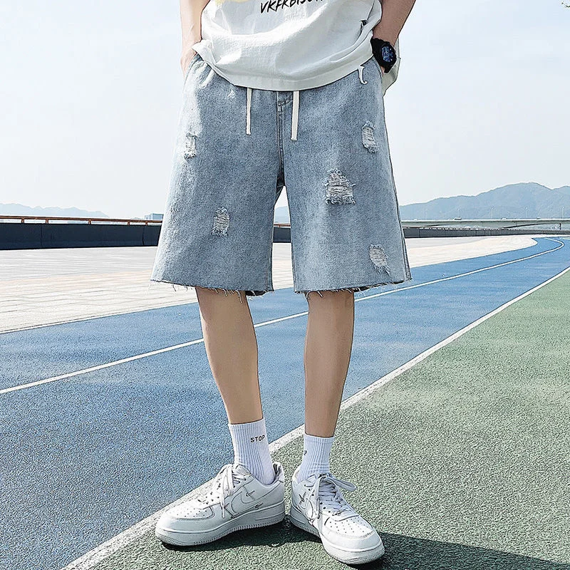 

Ripped Hole Raw Edge Five Points Denim Shorts Summer All-match Jeans Hiphop Washed Casual Straight Wide-leg Casual Pants Thin