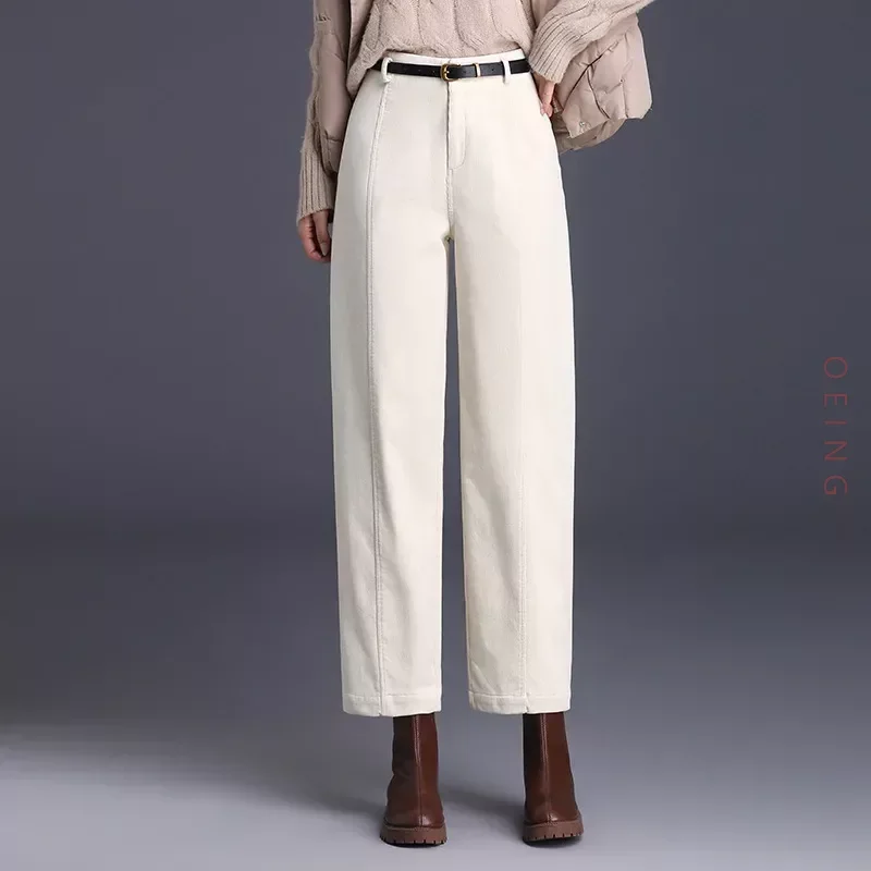 

Autumn Winter Women High Waist Casual Loose Corduroy Straight Pants Beige Navy Khaki Thick Harem Trousers Office Lady 4XL 23998