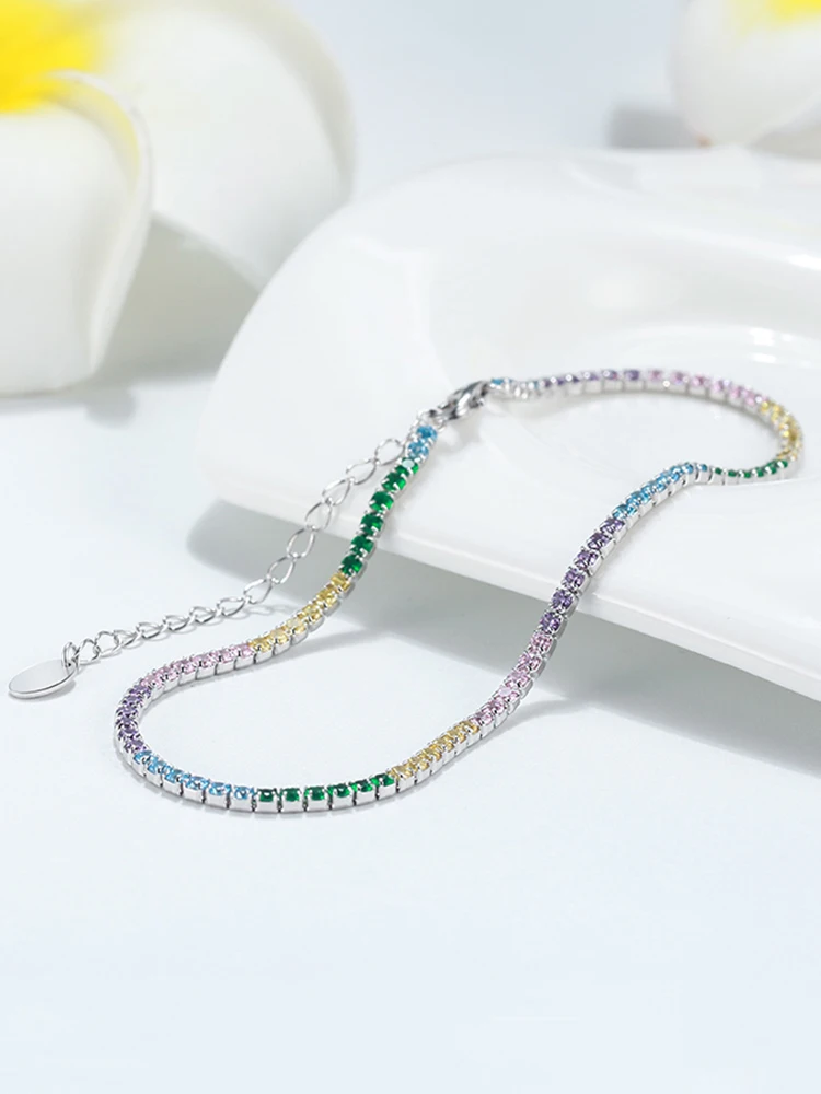 KISS MANDY 925 Sterling Silver AAAA Zirconia Full Paved Tennis Anklet Rainbow Colors Anklet for Girls Woman Ankle Chain SA04