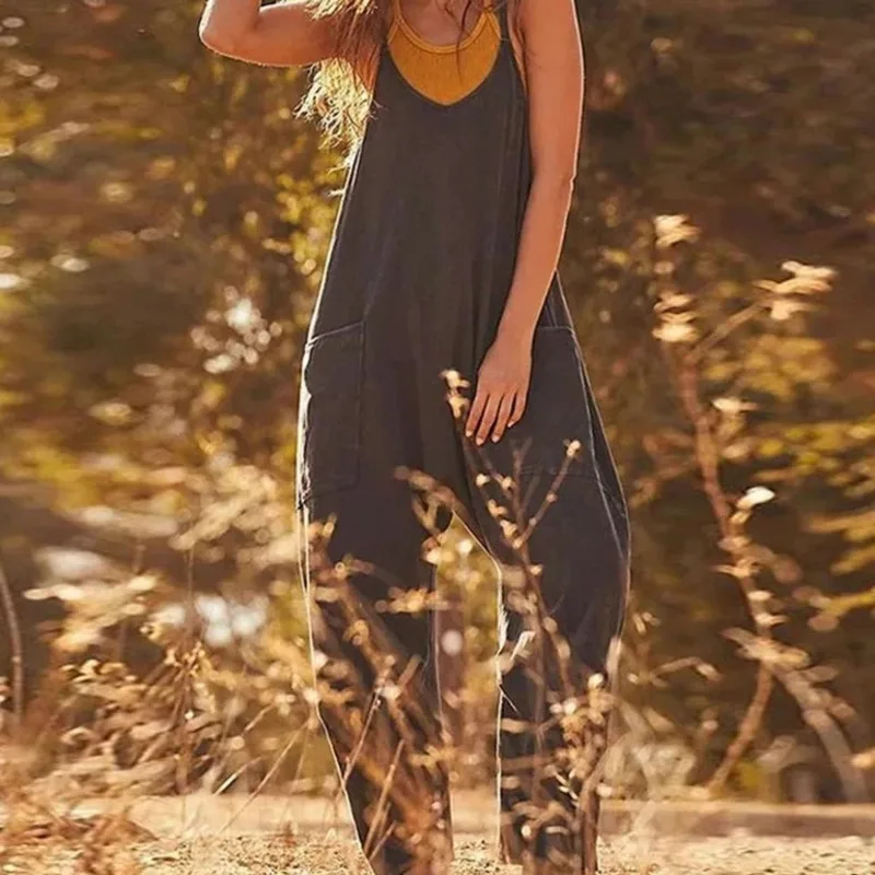 Casual Jumpsuit Women Strap Sleeveless Loose Wide Leg Rompers with Large Pocket Pants Solid Bib Overalls Outfit Fashion Rushed