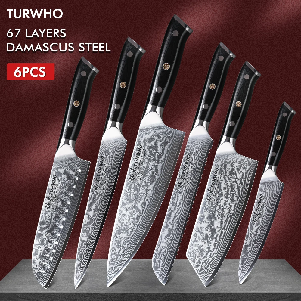 

TURWHO 6 Piece Kitchen Knives Set 67 Layers Damascus Steel Japanese Santoku Knife Chef Practical Bread Slicing Nakirii Knife