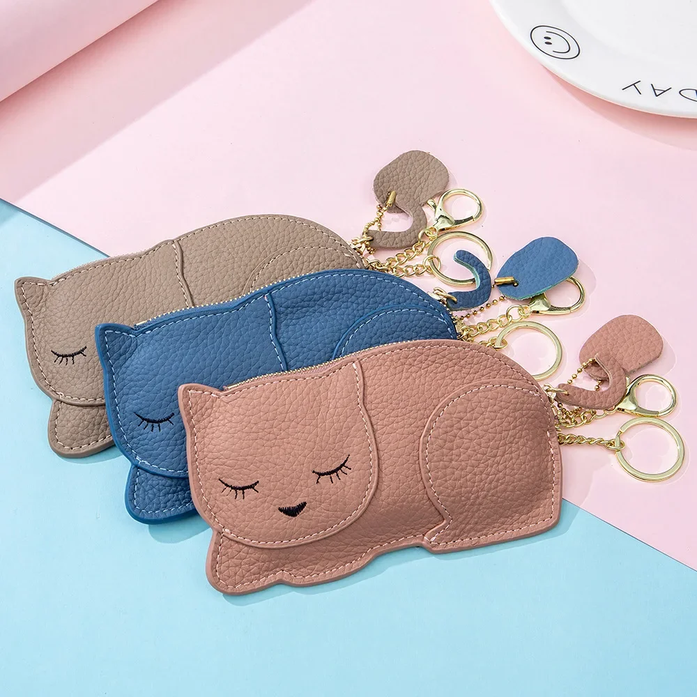 Genuine Leather Coin Purses Women Cartoon Cute Cat Zipper Key Holder Thin Purse Fashion Girls Coin Wallet Kids Change Pouch Bag
